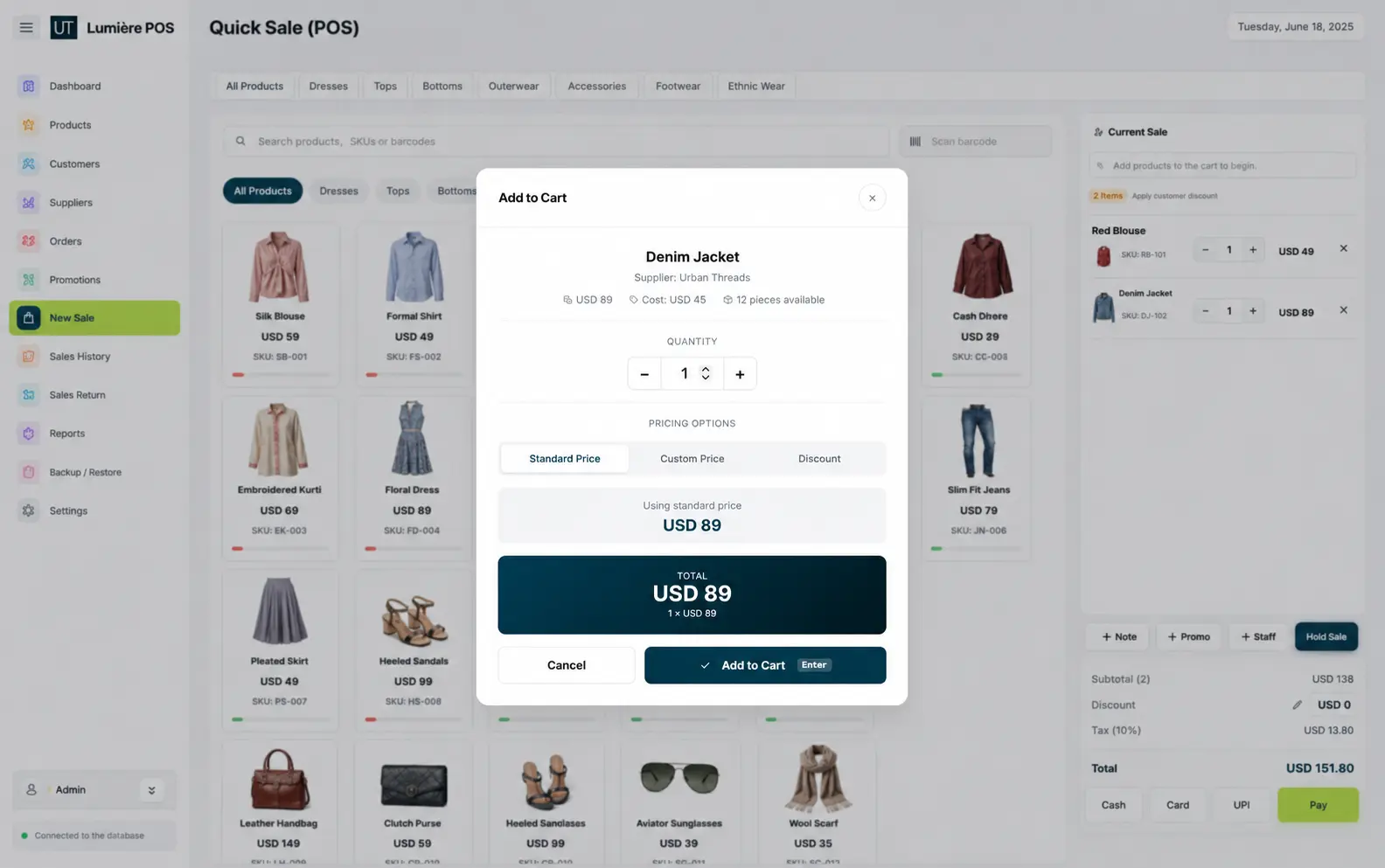 Adding a clothing product to the cart in Restockly POS at checkout