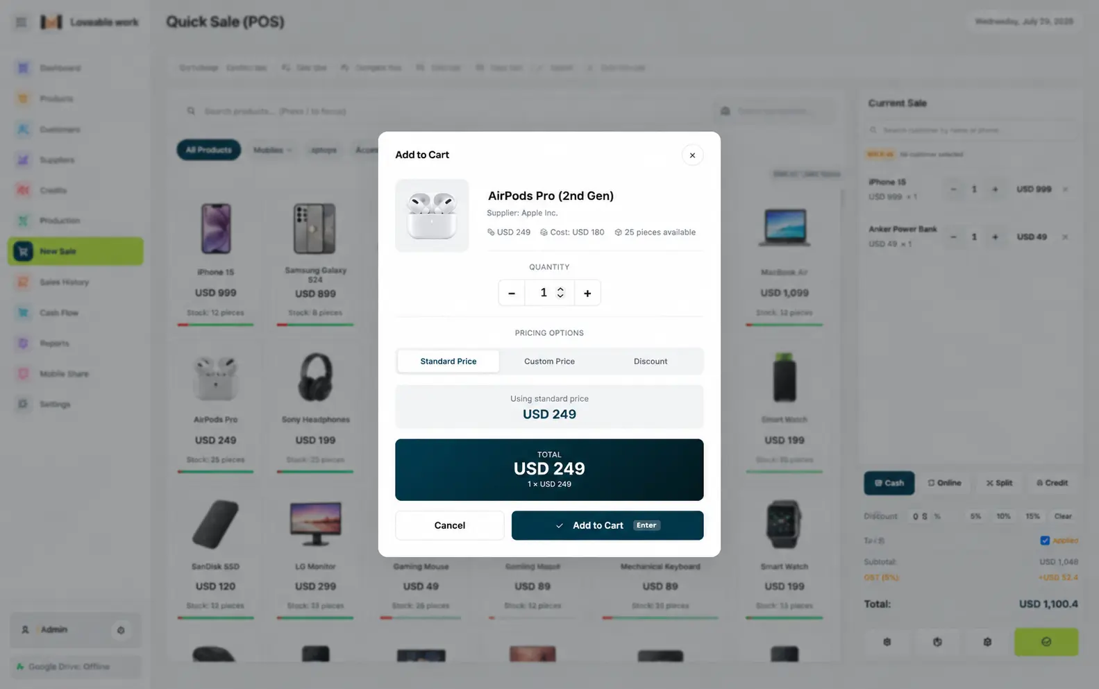 Adding an electronics product to the cart in Restockly POS with the cart building on the right