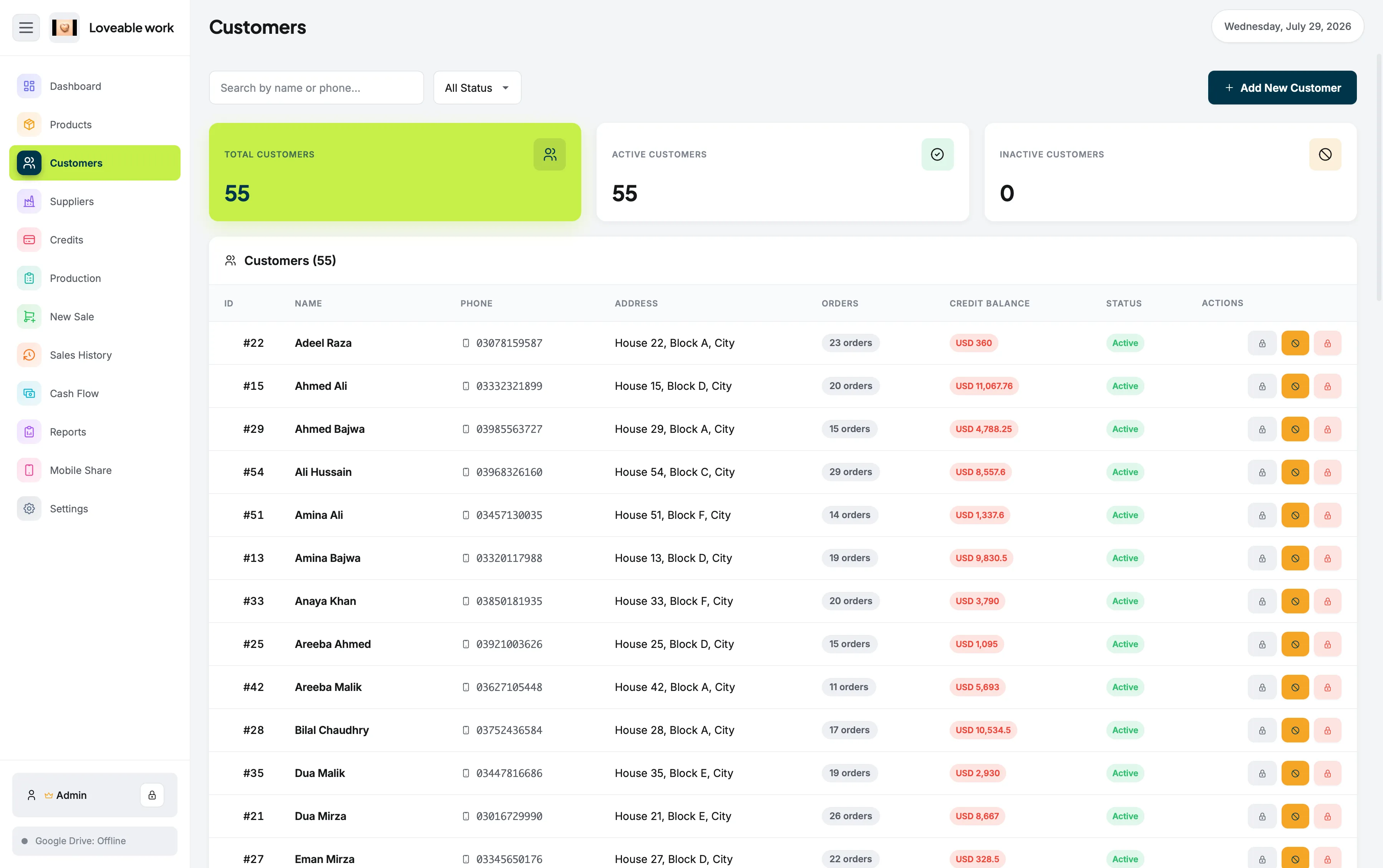 Customers screen in Restockly POS listing customer records alongside their purchase activity