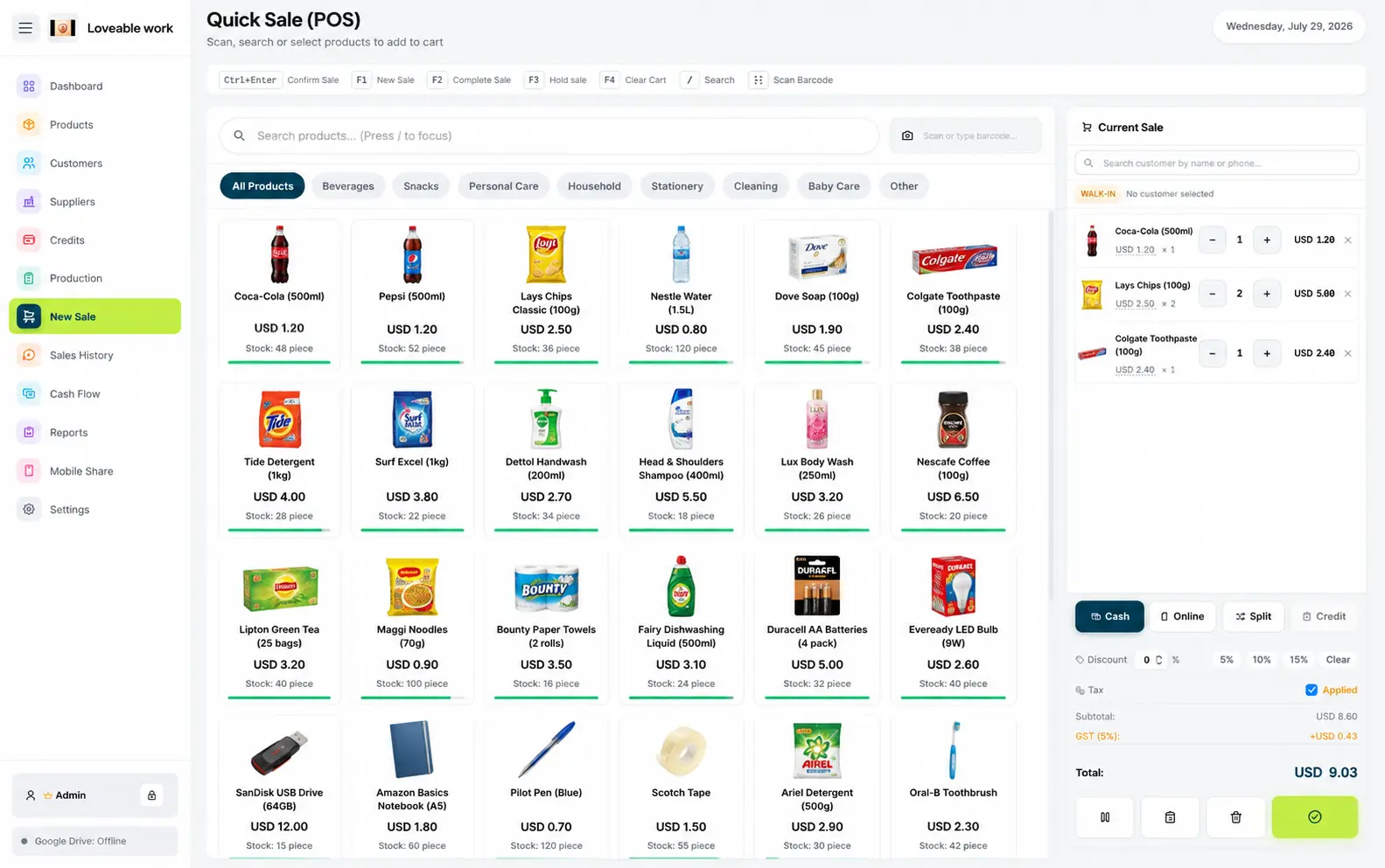 New Sale screen in Restockly POS recording an everyday retail transaction at the counter