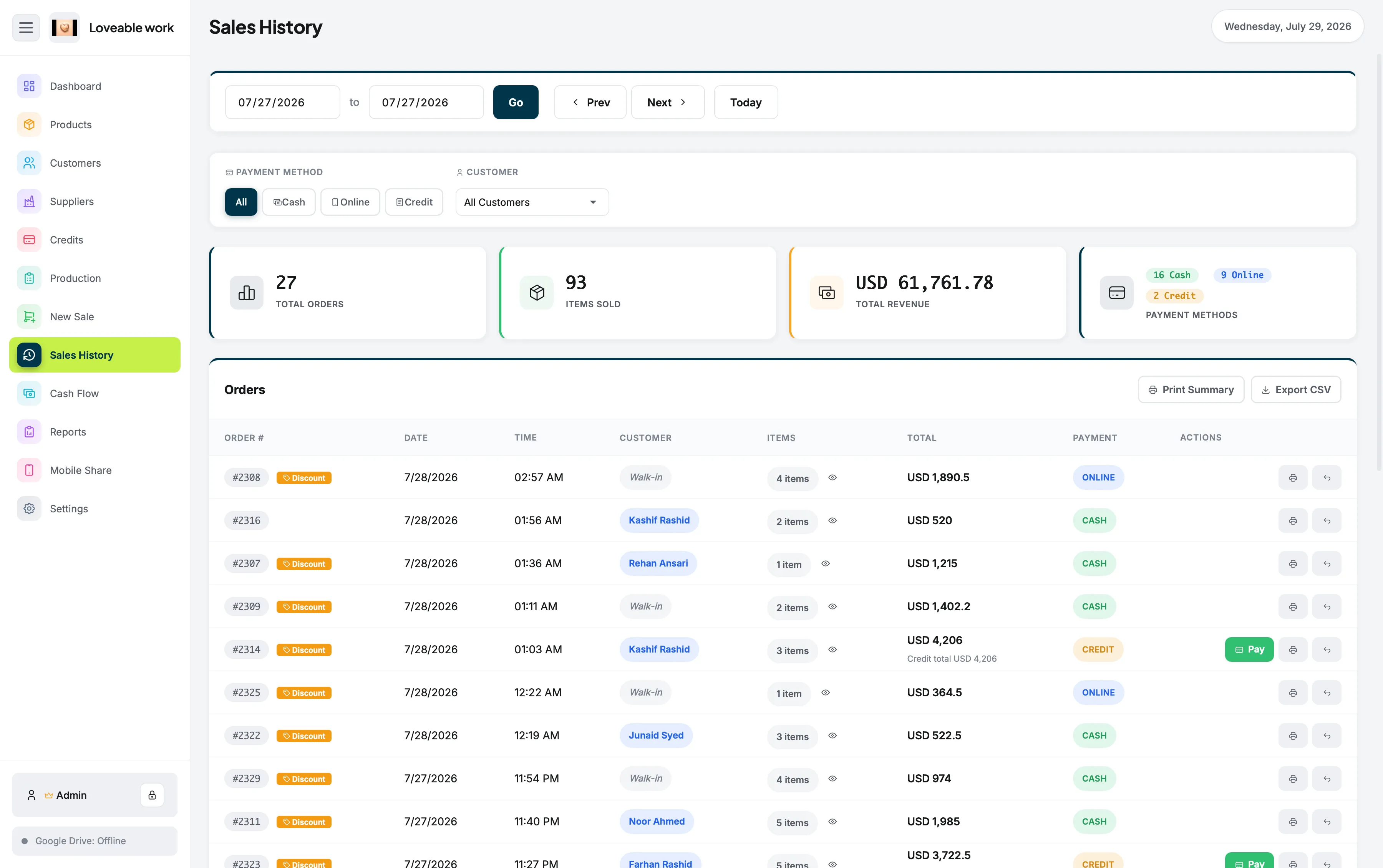Sales History screen in Restockly POS listing previous transactions