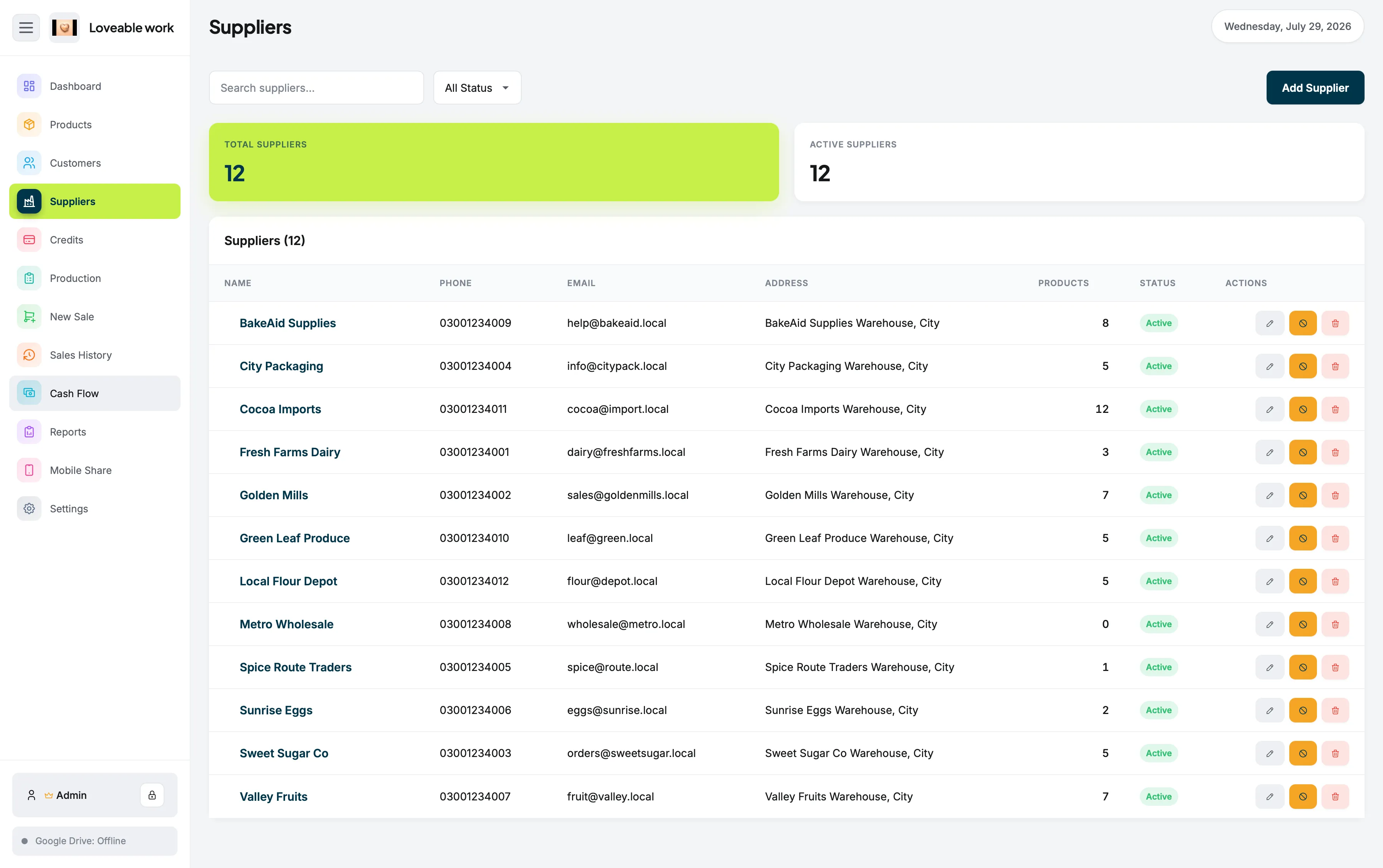 Suppliers screen in Restockly POS listing supplier contacts and the number of products each one supplies