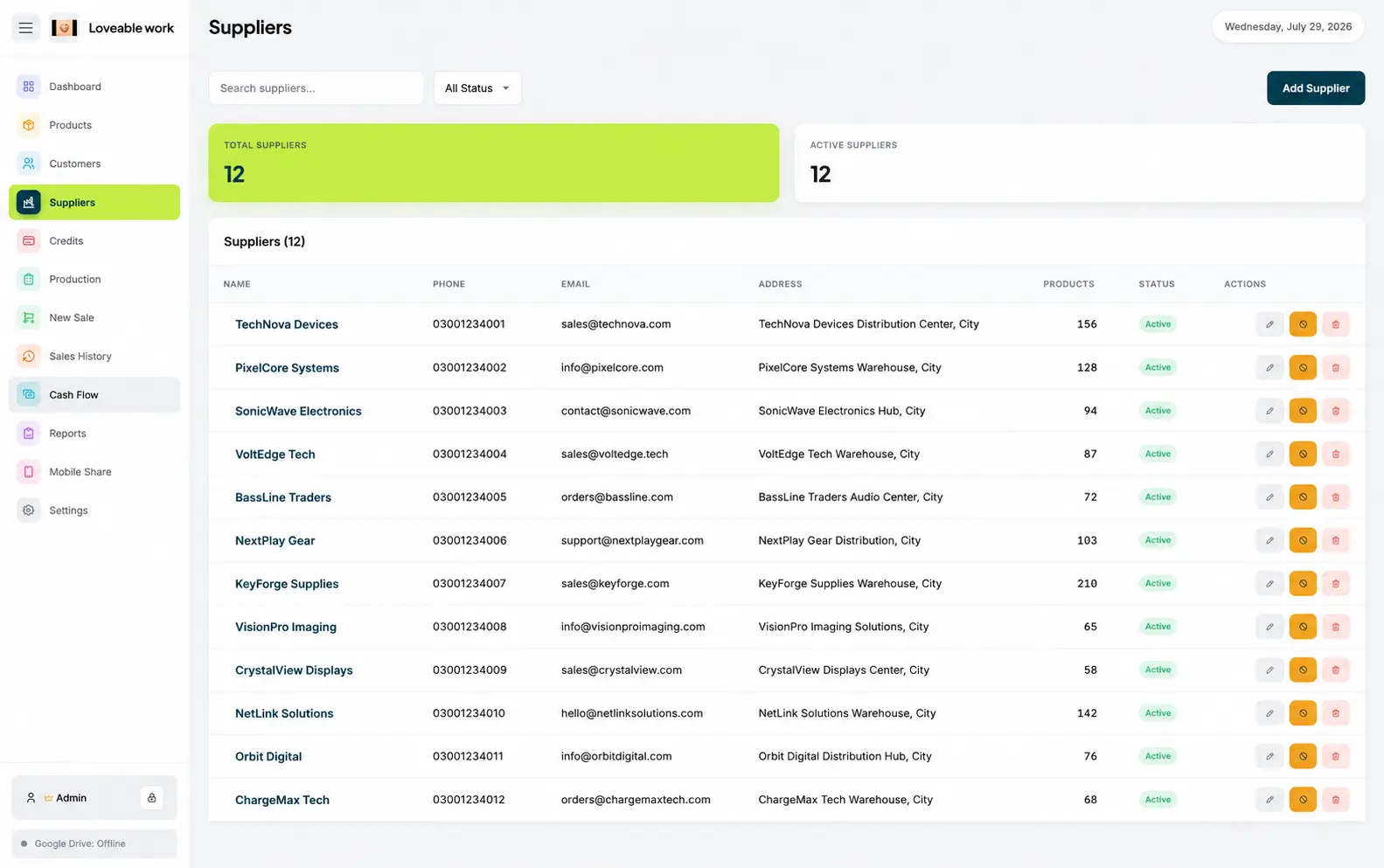 Electronics suppliers in Restockly POS showing each distributor's contact details and product count